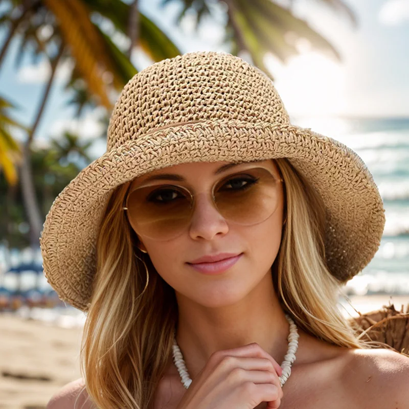 Fashion Crochet Womens Seaside Foldable Straw Weave Sun Straw Hat Wide Brim Real Straw Floppy Trilby Bow Summer Beach Sun Hat 2