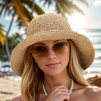 Fashion Crochet Womens Seaside Foldable Straw Weave Sun Straw Hat Wide Brim Real Straw Floppy Trilby Bow Summer Beach Sun Hat 2