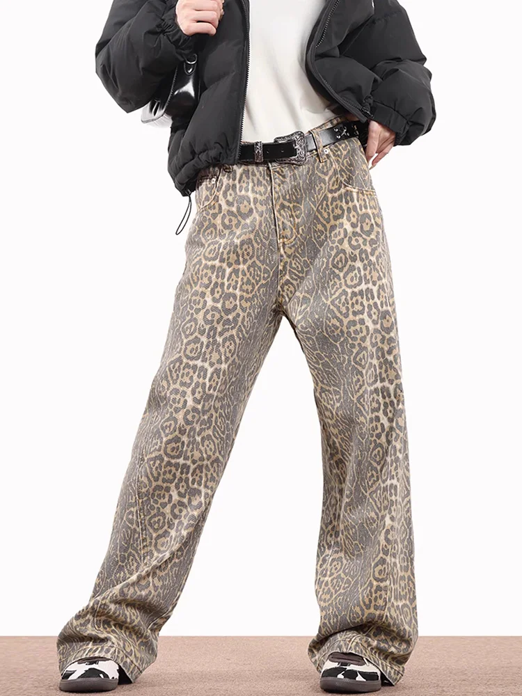 American Style Leopard Wash Jeans Women Y2K Retro Street Hot Girl Loose Casual Pants High Waist Straight Leg Jeans