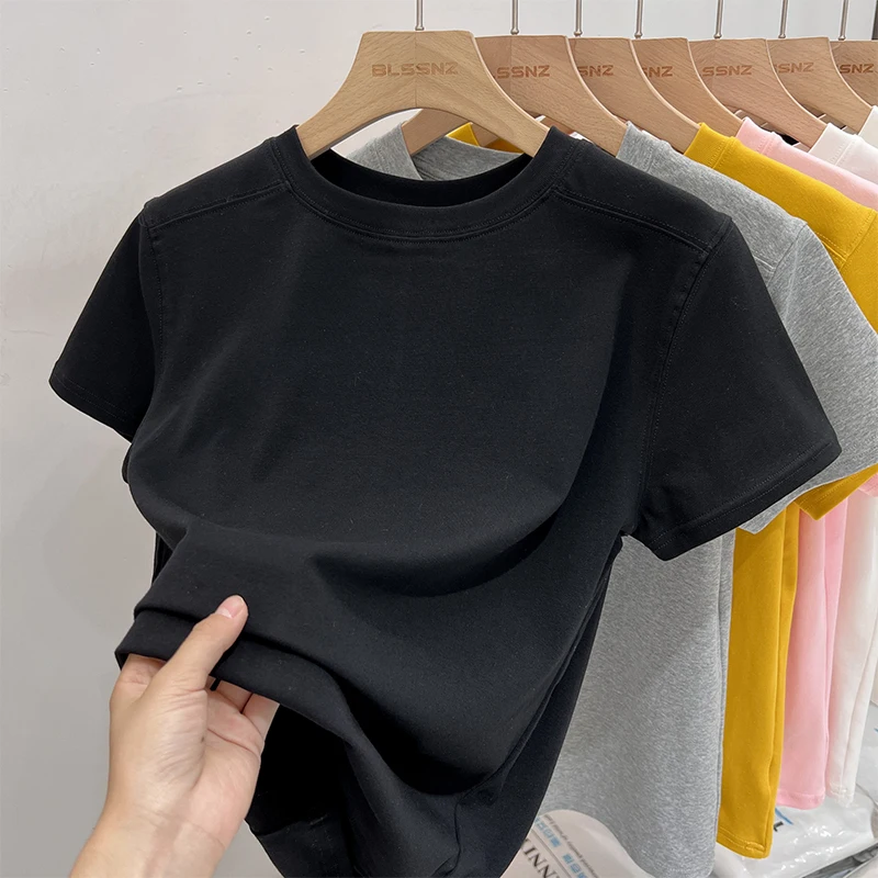 AOSSVIAO 2025 الصلبة الأساسية قصيرة الأكمام المرأة التي شيرت عادية فضفاض س الرقبة قمة الموضة تي شيرت السيدات الكورية تي شيرت الشارع الشهير 3