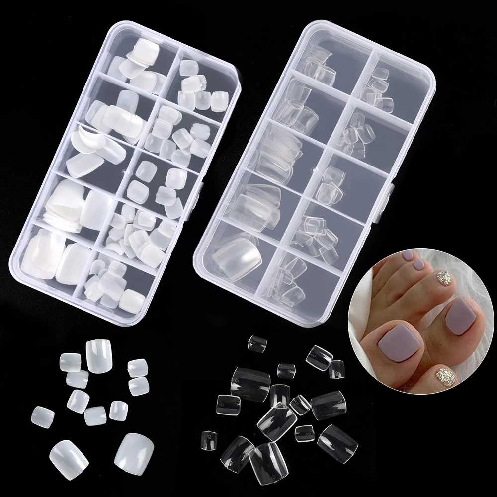 

100Pcs Square False Toe Nails Full Cover Press On Fake Toenail Artificial Acrylic Foot Nail Art Tips Natural Clear Manicure Tool