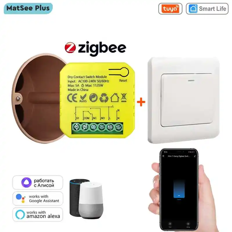 Tuya Smart ZigBee Dry Contact Switch Relay 5A Module App Remote Control Timing DC12/24V AC100-240V Supports Google Home Alexa