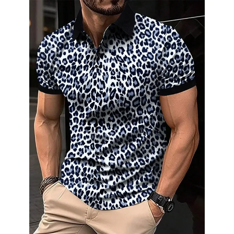 1pc Men's Fashion Leopard Print Short Sleeve Breathable Lapel T-shirt