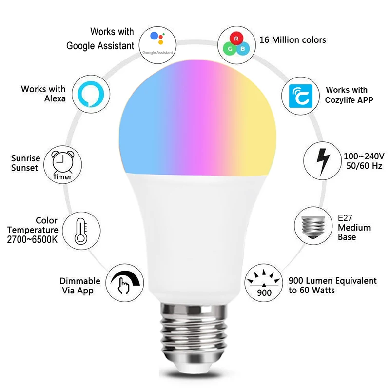 Homekit LED Smart Wifi Light Bulb E27 Lamp Multicoloured Dimmable LED Bulb with Siri Alexa Google SmartThings Alice  HomeAssist