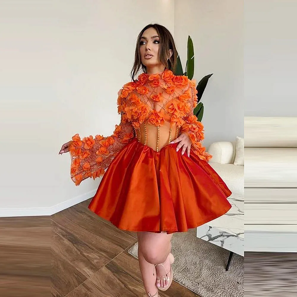 Handmade Flowers Cocktail Dress Illusion Top Long Sleeves A Line Party Dress Formal Women Girls Prom Gowns