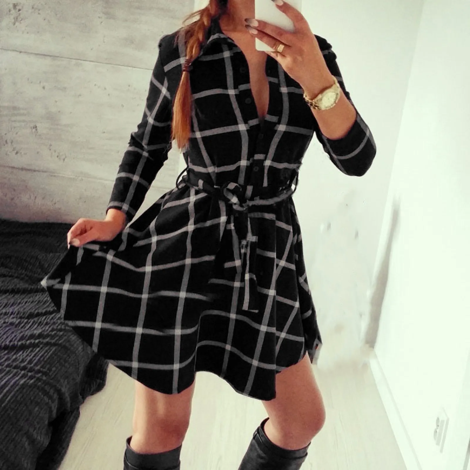 

Autumn Winter Women Casual Dress Plaid Print Shirt Dress High Waist Casual Slim Dresses With Belt Elegant Female Vestidos