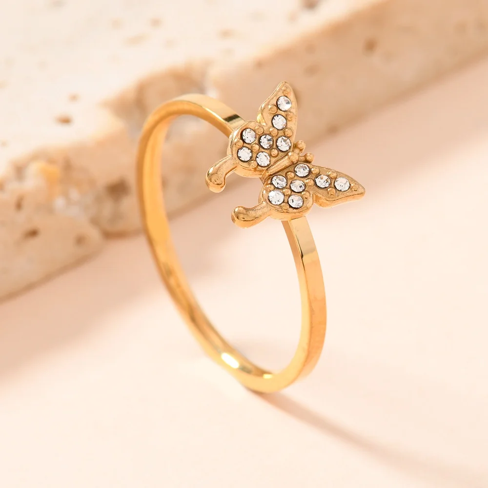 MEDFOLY Size 6-9 1.5mm Stainless Steel Rings for Women 14k Gold Plated Anti-allergy Butterfly Heart Letter CZ Rings Jewelry Gift 5