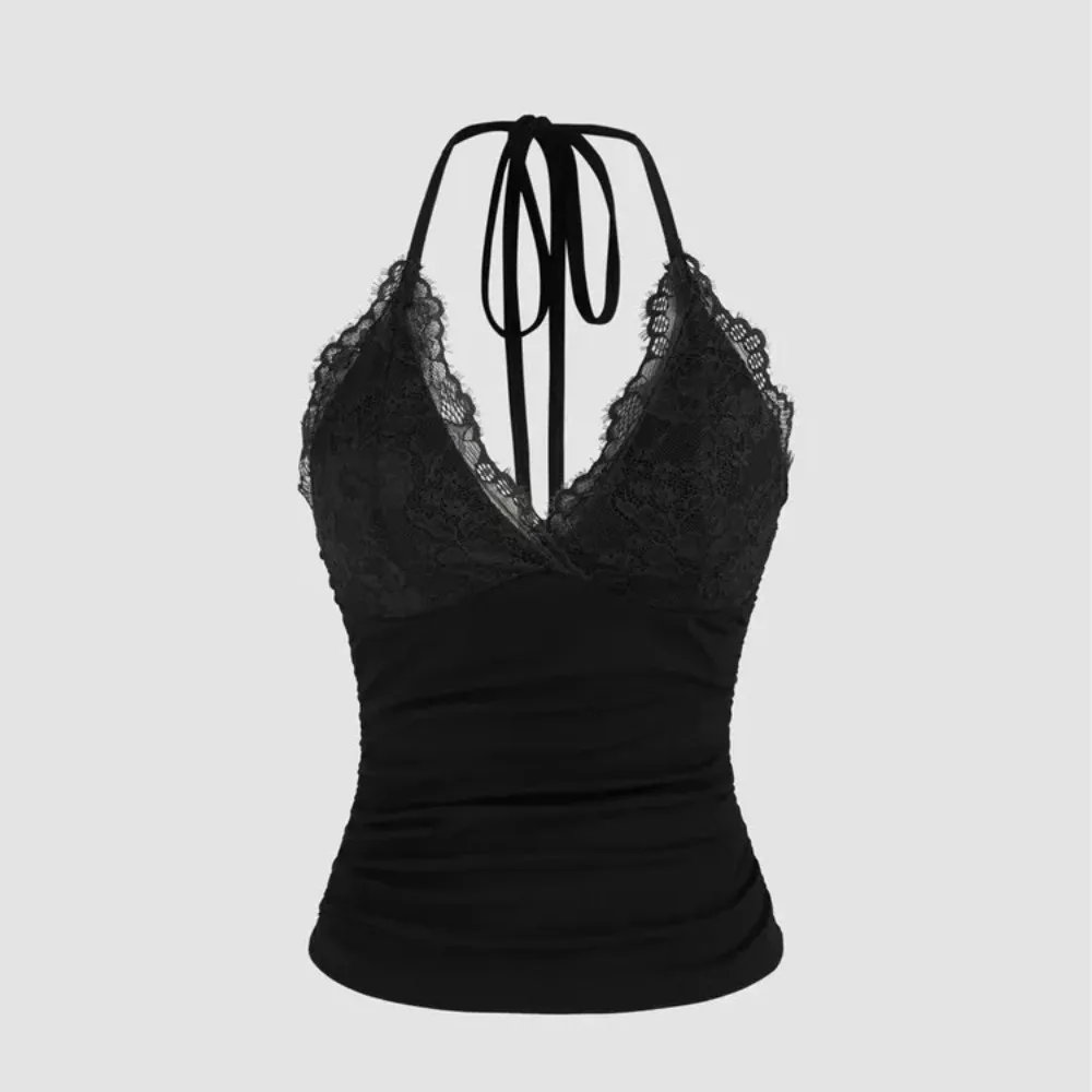 

Punk French V-neck Lace Black Suspenders Fashion Lace Goth V-neck Tank Top Sleeveless Ruched Sexy Halter Tank Top Women