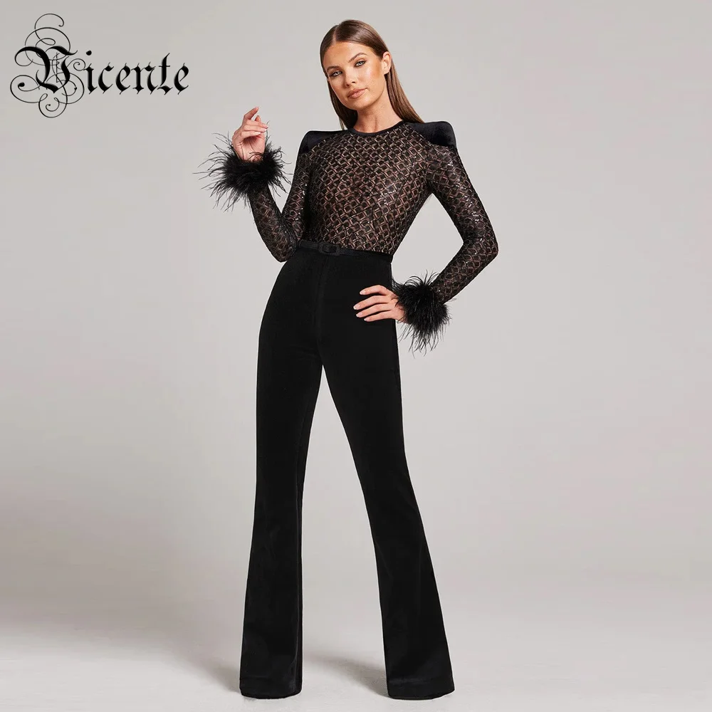 

VC Women'S Jumpsuit One Piece Sexy Lace Sequin Feather Bandage Black Female Clothing 2024 Spring New Fashion