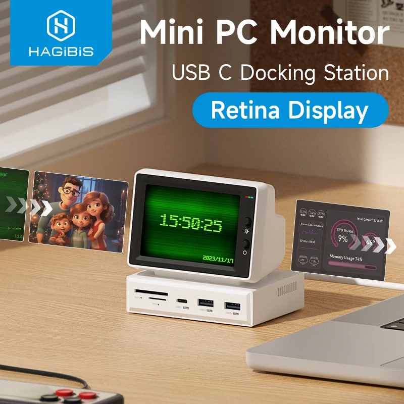 Hagibis-Mini écran IPS avec concentrateur USB C pour ordinateur portable MacPle, moniteur de données, écran AIDA64, CPU, RAM, HDD, 3.5 pouces