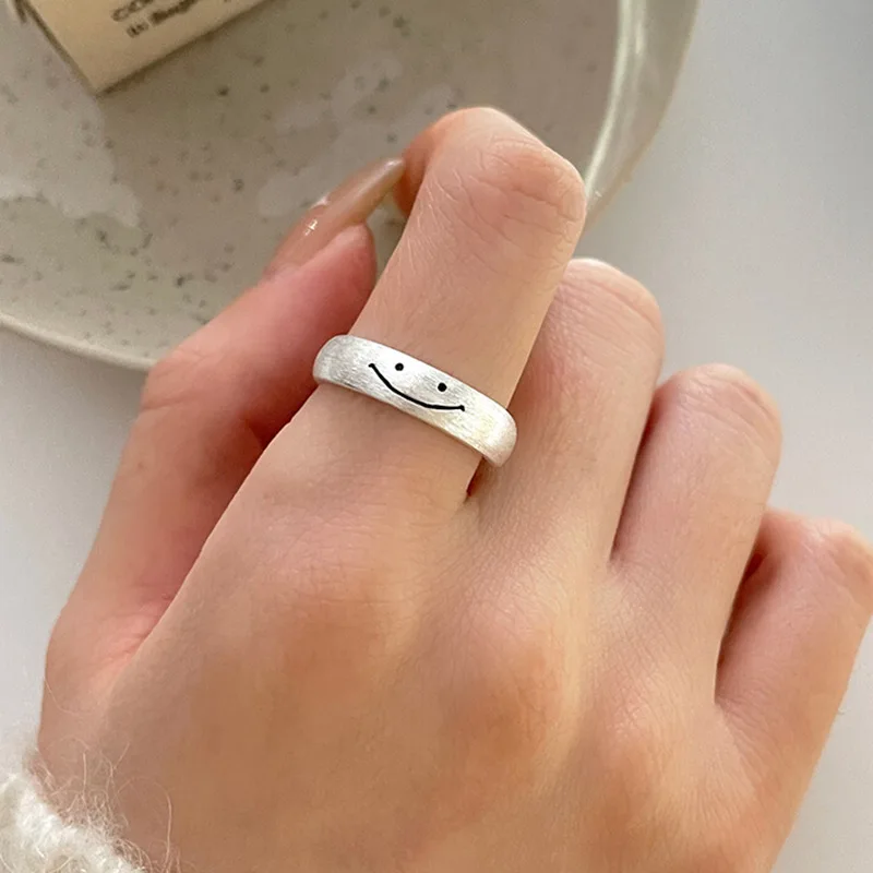

925 Sterling Silver Rings for Women Girls Smiling Face Simple Minimalist Adjustable Finger Rings Fashion Band Female Bijoux