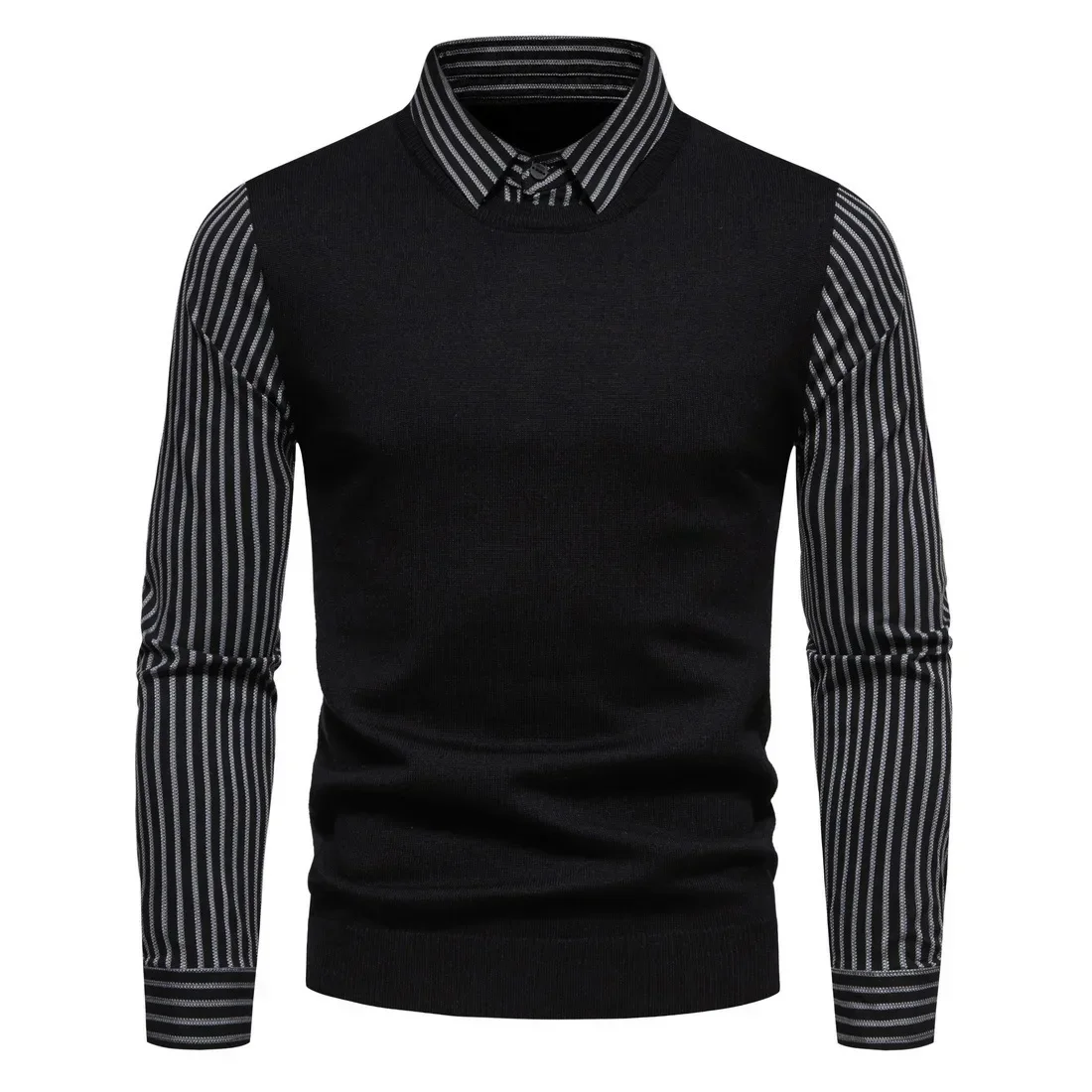 

Autumn and Winter New Knitwear Men's Underlay Fashion Splice Fake Two Piece Shirt Collar Pullover Sweater