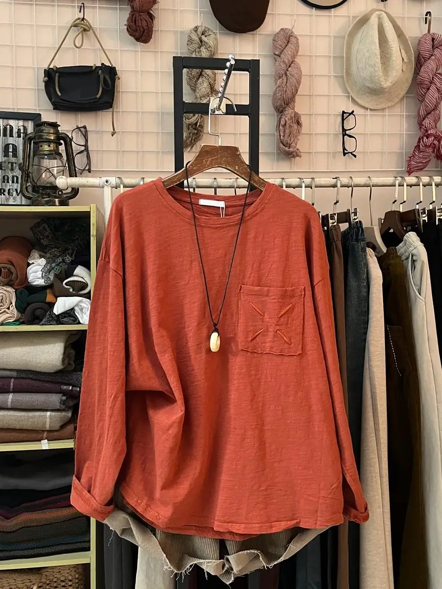 Women's Bamboo Cotton Embroidered Round Neck Casual T-Shirt - Loose Fit, Basic Top
