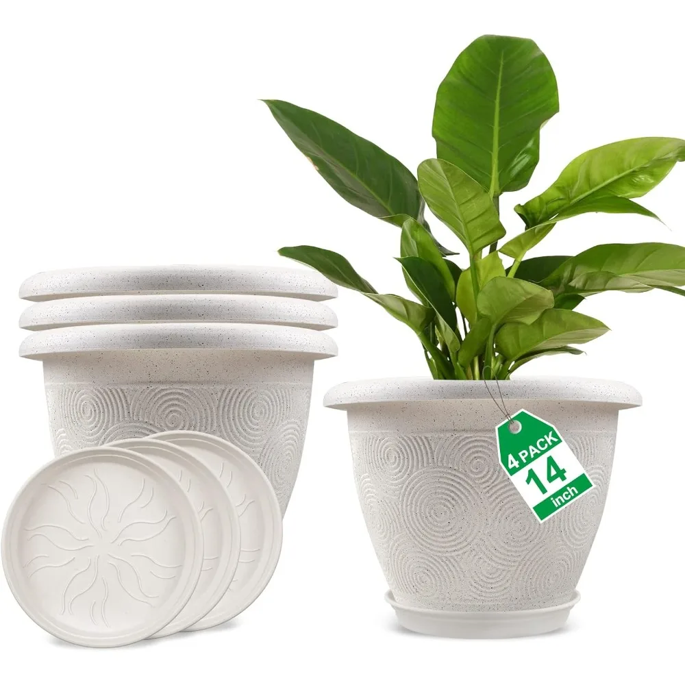 

Plastic Flower Pots Planters for Indoor Plants, 4 Pack 14 Inch White Plant Pots with Drainage Hole & Tray, Modern Decorative