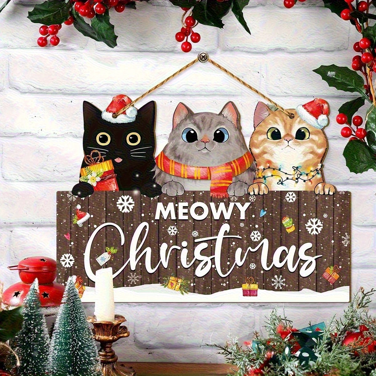 2D-Weihnachts-Holzornamente, Cartoon-Katzen-Design, festliche Hängedekoration, Wohnzimmer, Eingang, Veranda, 2026, Neujahr, Heimdekoration