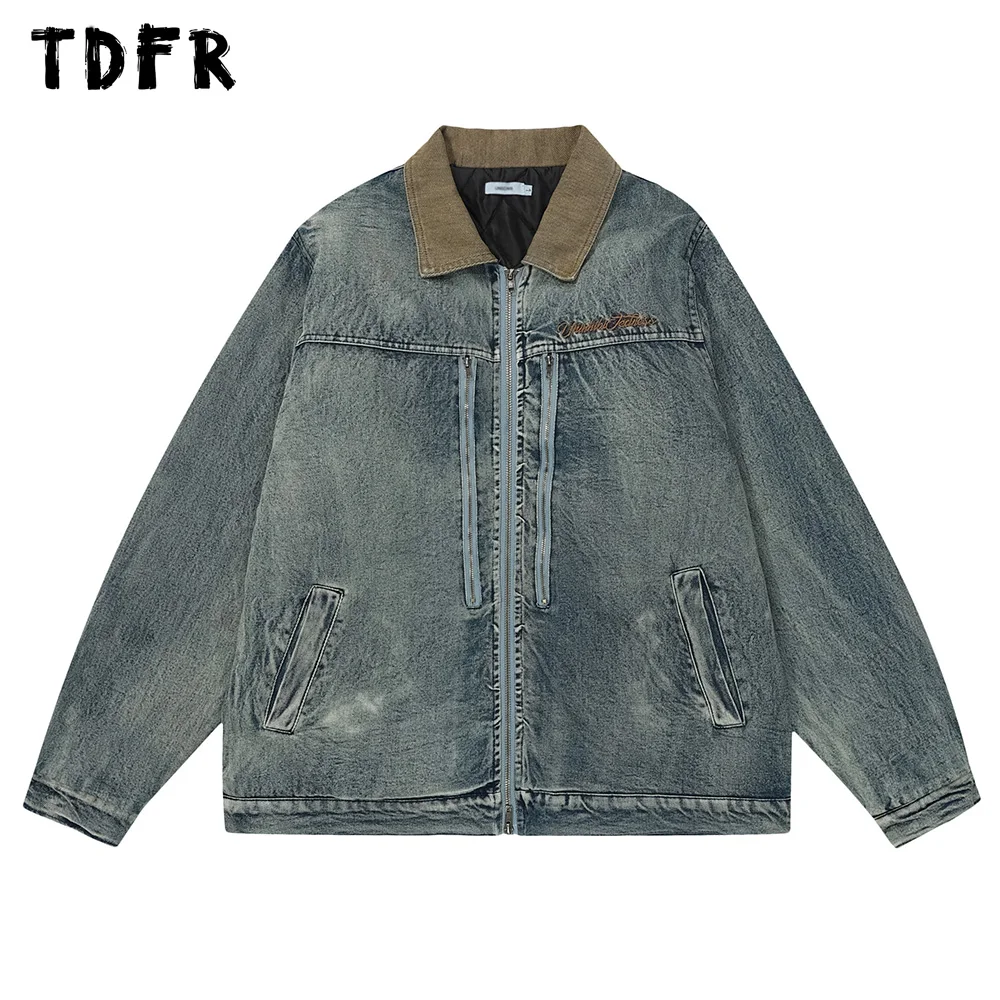 

Zipper Decoration Denim Jacket Mens Washed Distressed Letter Embroidery Long Sleeve Spliced Lapel Long Sleeve Quilted Jacket Men