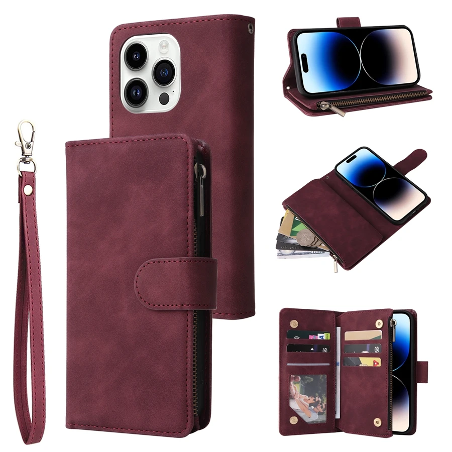 Luxurious Multi-Card Zipper Magnetic Flip Leather Wallet Case