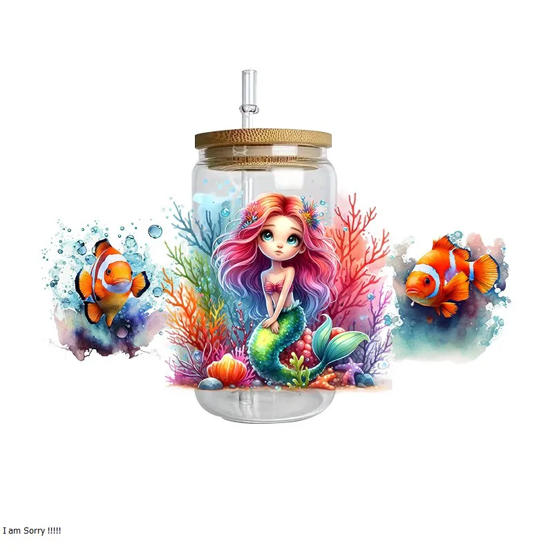 Mermaid series easy peel waterproof DIY Decals Retro Beauty 3D transfers uvdtf crystal sticker 16oz uv dtf cup wraps