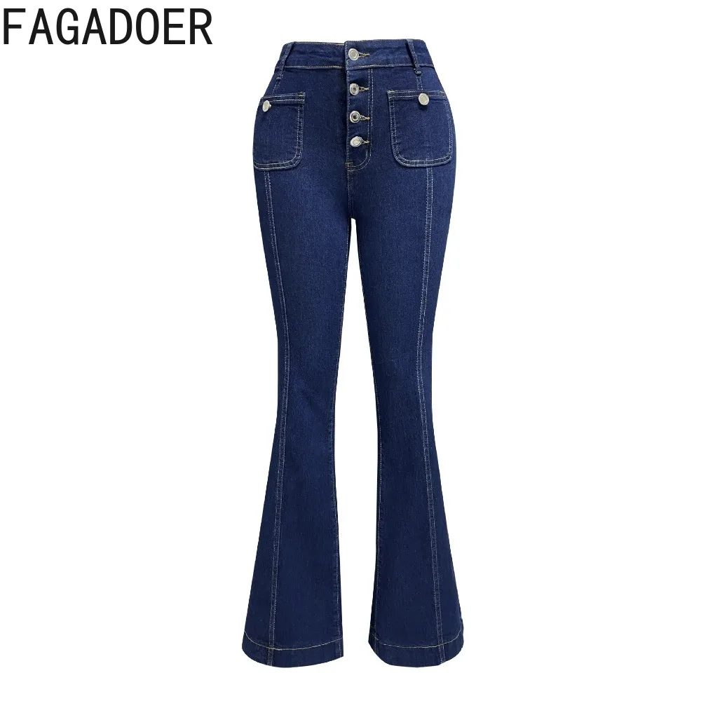 FAGADOER Spring New Denim High Waisted Button Flared Pants Women Solid Color Pocket Skinny Jean Trousers Fashion Cowboy Bottoms