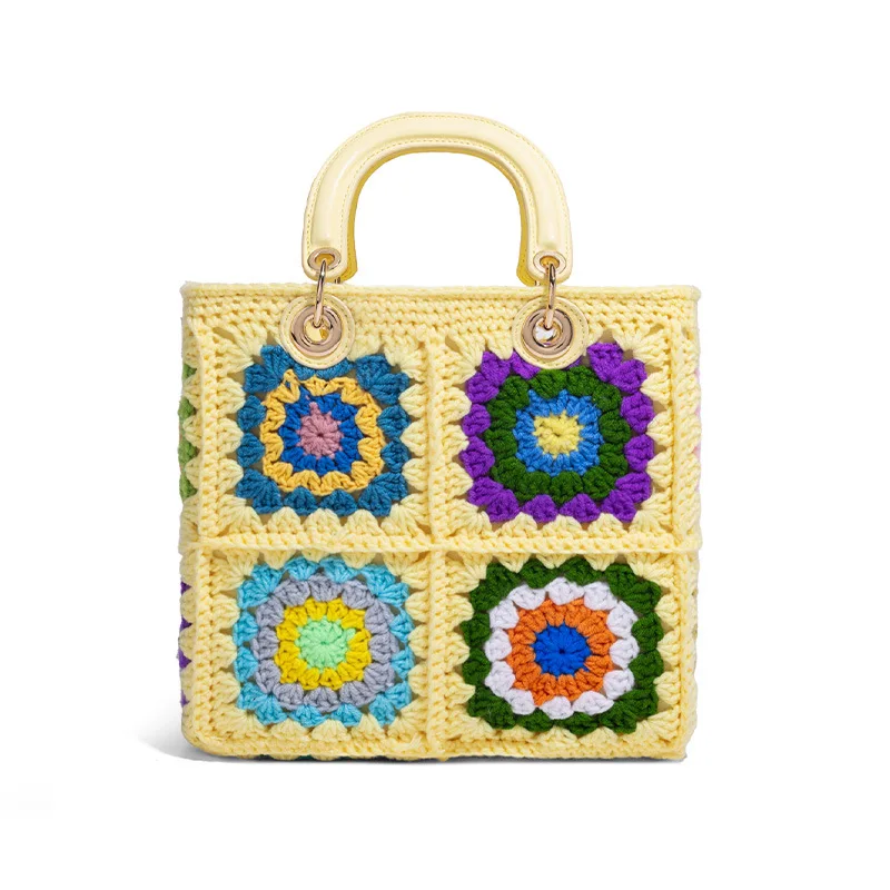 Bohemian Granny SquareCrochet Women Handbags Vintage Wooden Knitted Hand Bags Handmade Woven Large Tote Big Shopper Purses 2025