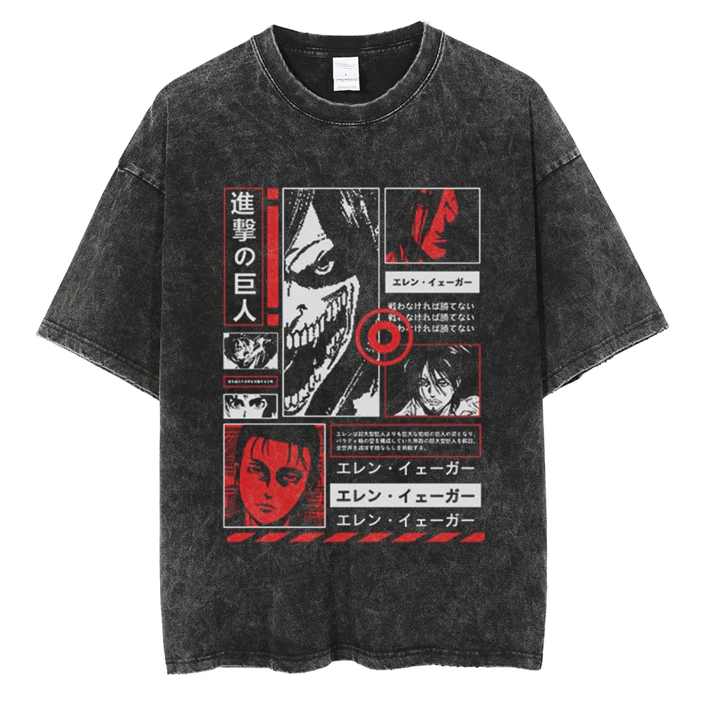 2026 Anime Attack on Titan Eren Jaeger Printed T-shirt Men's and Women's Washed T-shirt High Quality Vintage Cotton T-shirt Top