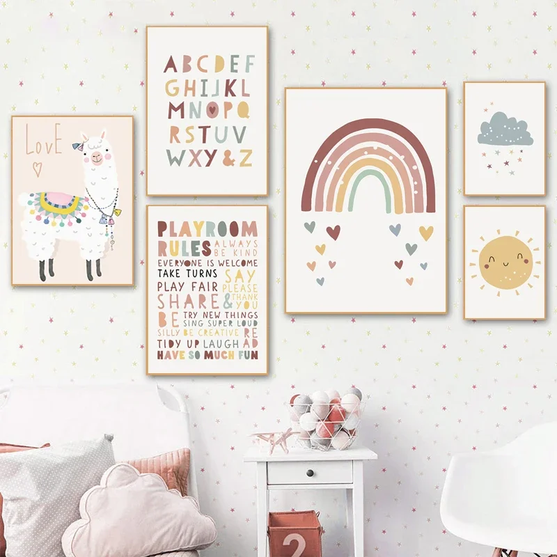 

Sun Rainbow Cloud Canvas Painting Wall Art Posters Alphabet Art Prints Nordic Wall Pictures for Kids Room Decor