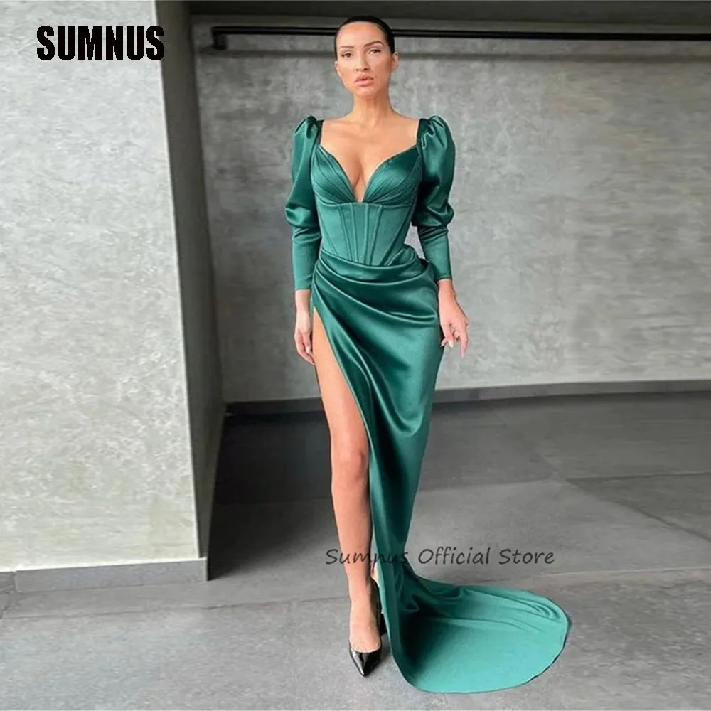 

SUMNUS Dark Green Mermaid Evening Dresses V Neck Long Sleeves Party Dress High Slit Pleats Formal Prom Gowns Robes De Soirée