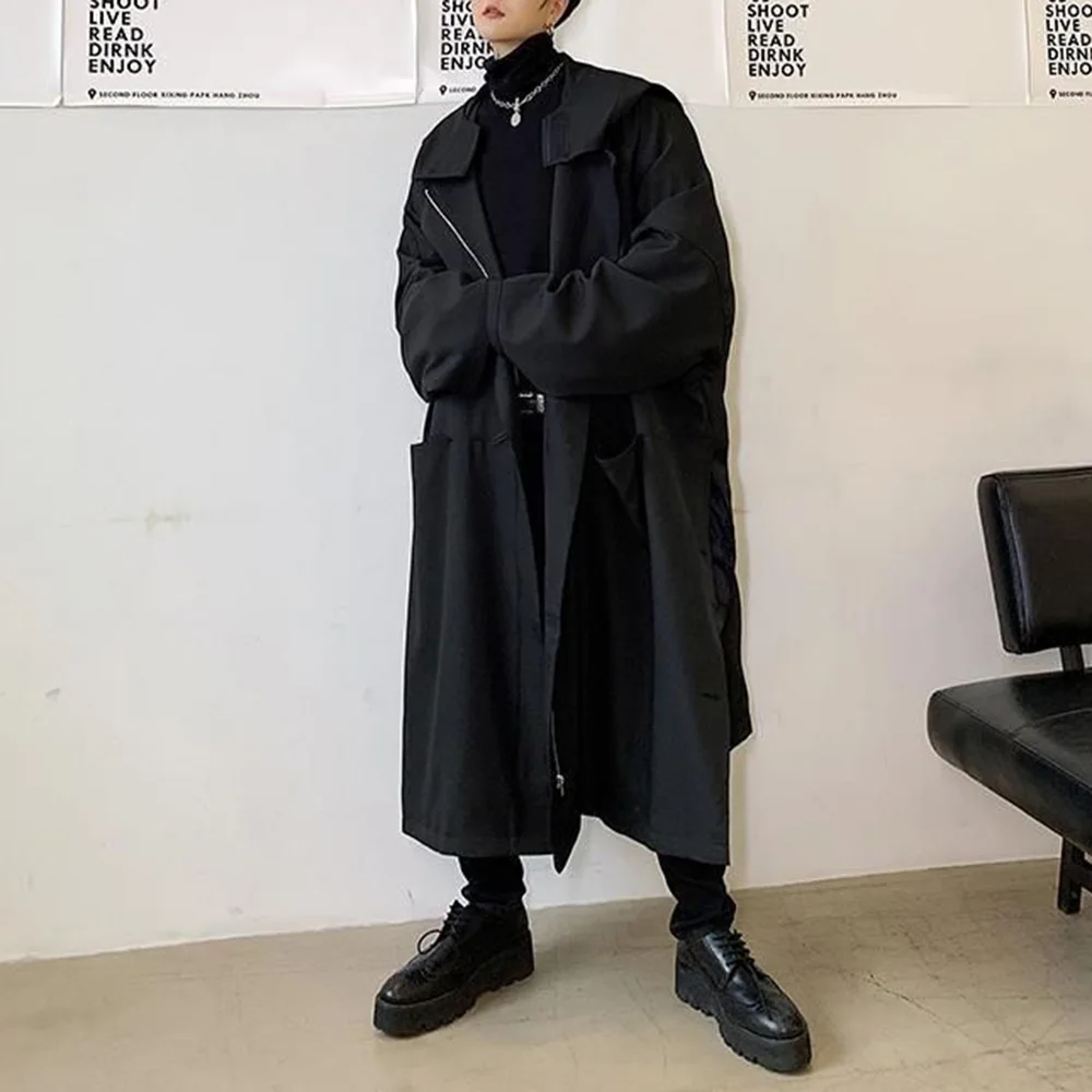 Mens Trench Coat Dark British Style Casual Long Hooded Jacket Trendy Elegant Temperament Streetwear Versatile Jacket Men'S Wear