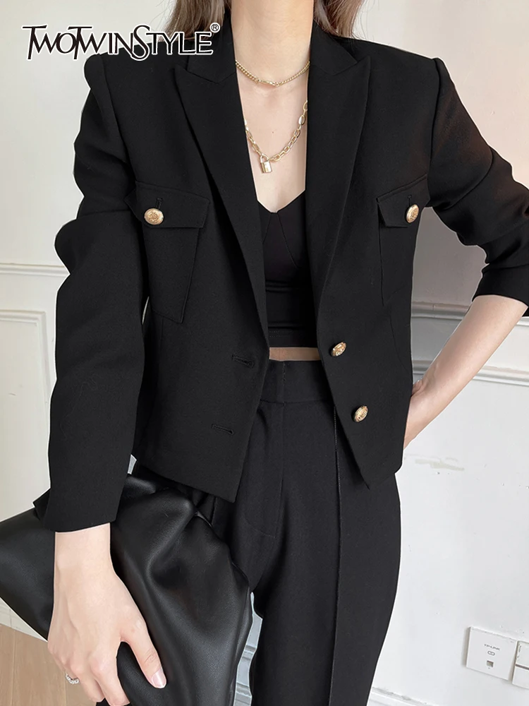 

TWOTWINSTYLE Solid Minimalist Jackets For Women Notched Collar Long Sleeve Patchwork Single Breasted Vintage Jacket Female 2023
