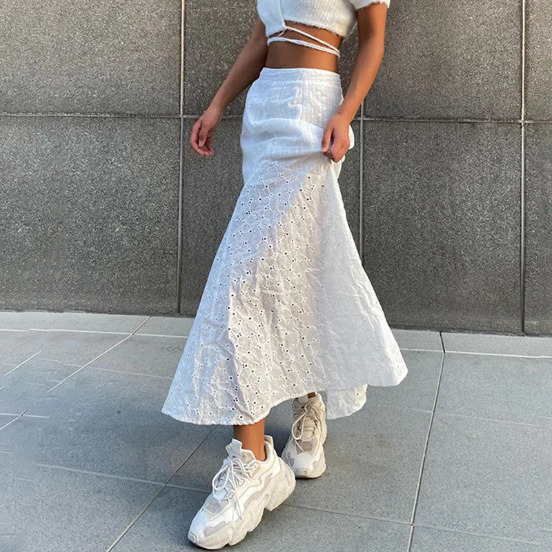 

Summer Embroidered Cotton Lace Skirt Women A-line Y2K Swing Boho Long Skirts Casual Clothing Streetwear Solid Elegant Skirt