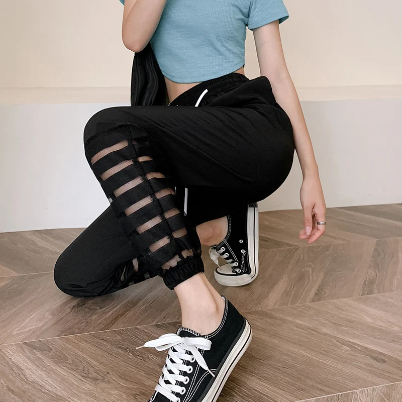 Spring Autumn Women's Solid Gauze Drawstring Pockets Elastic High Waist Casual Harlan Sports Lantern Trousers Office Lady Pants