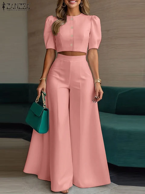 ZANZEA Street Fashion Woman 2 Piece Sets Stylish Short Puff Sleeve Crop Tops Wide Leg Pants 2PCS Outfit Elegant Office Pant Sets 1