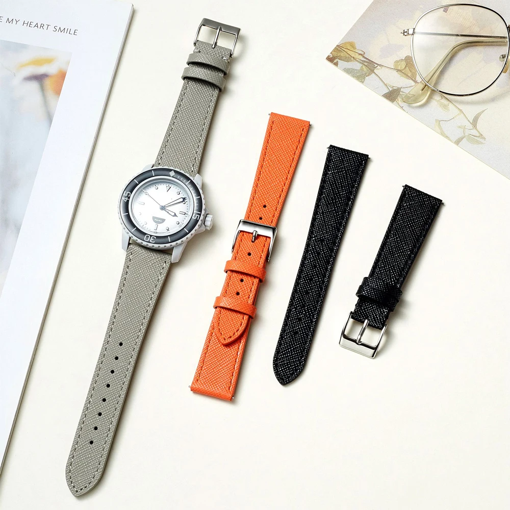 Sleek Tapered Saffiano Leather Quick Release Watch Strap