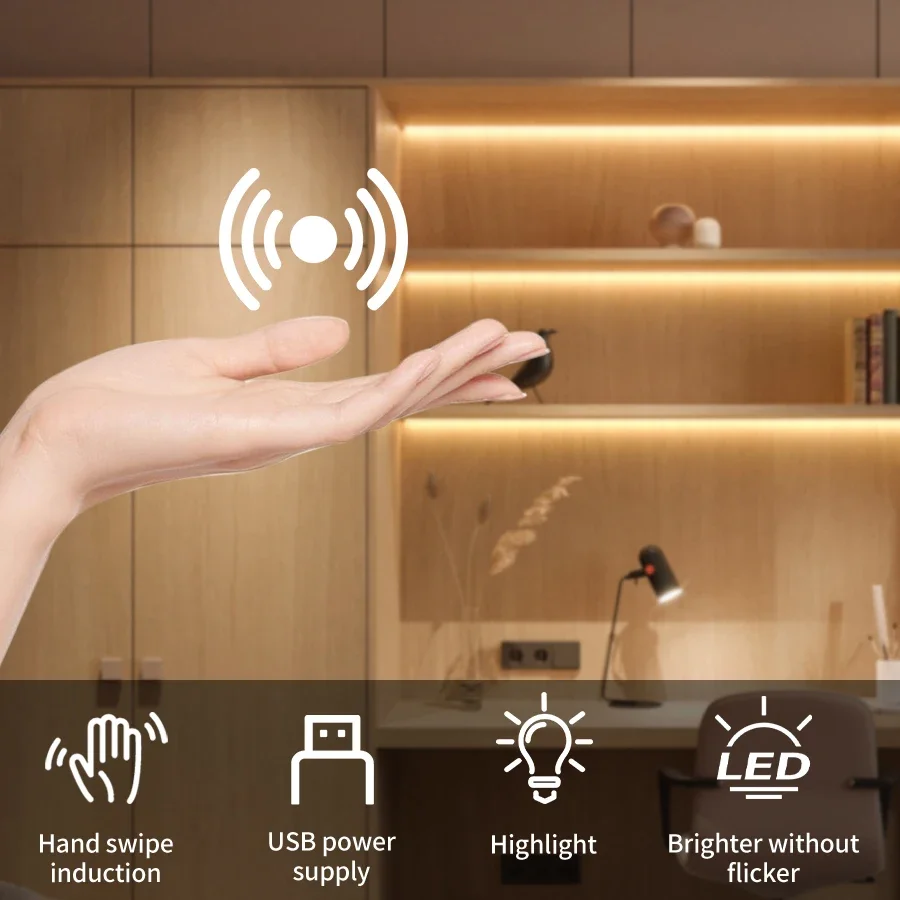 Hand Sweep LED Strip Lights 1M 2M 3M 4M 5M 10M LED Strip with Hand Sweep Motion Sensor Switch for Kitchen Stairs Wardrobe 2
