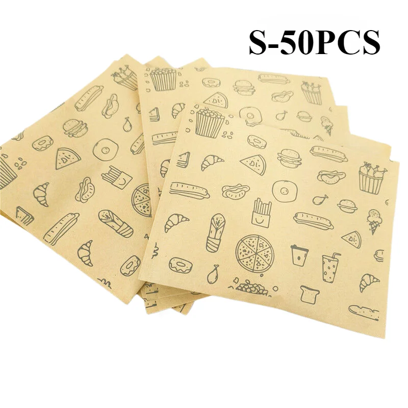Eco-Friendly Greaseproof Kraft Paper Food Packaging Bags, 50/100 PCS, Disposable and Versatile