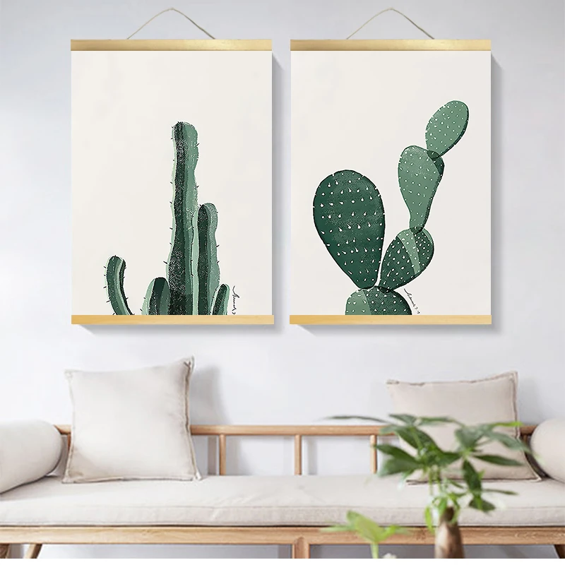 

custom Nordic style green plants canvas decorative painting Store bedroom living room wall art solid wood scroll painting decor