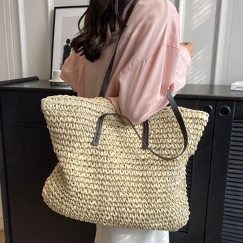 Borsa da Spiaggia alla Moda, Borsa a Spalla di Grande Capacità con Manico in Pelle, Borsa Intrecciata Casual Estiva Perfetta per Gite in Spiaggia