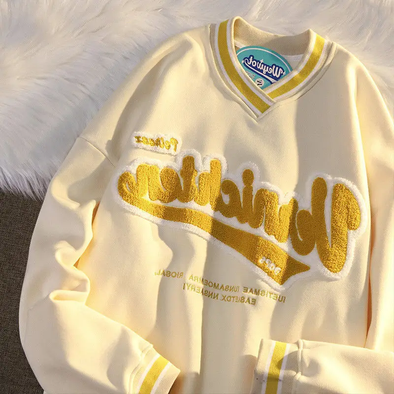 

Embroidered letter V neck sweater women autumn and winter new loose BF lazy style student couple vintage coat top ins kpop tops