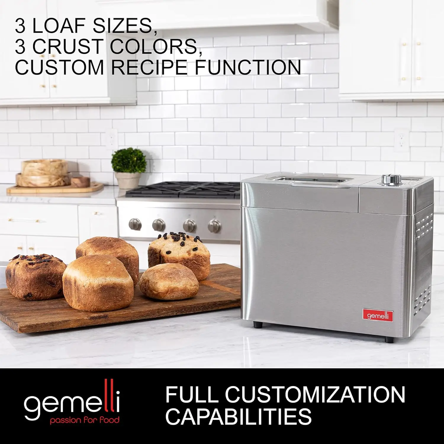 Home™ 2LB Artisan Bread Maker, Stainless Steel w/ 21 Functions, Ceramic Pan, Fruit/Nut Dispenser, 3 Loaf Sizes, 3 Shades, Gluten 5