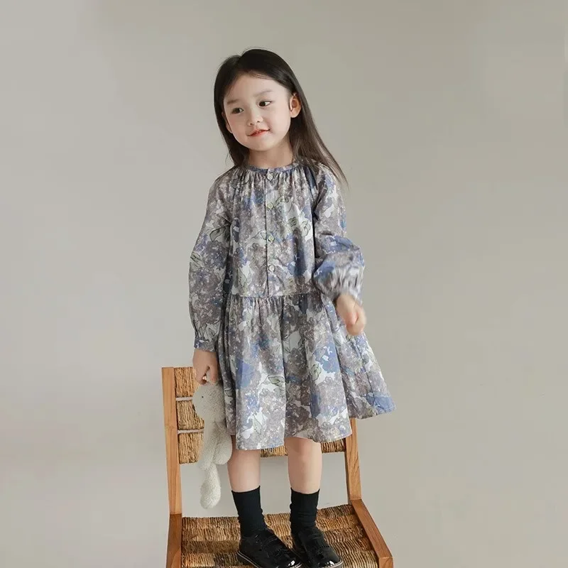 

Детская одежда, платье для девочек с цветочным принтом, Новинка осени 2023, модное индивидуальное повседневное милое платье принцессы в Корейском стиле