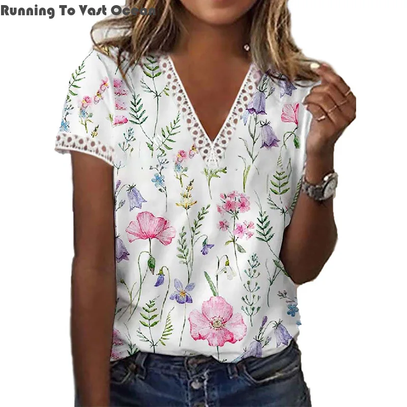 

2024 New Summer Printed V-neck Short Sleeved Women T-shirt Popular Comfortable and Casual Trendy T-shirt with Colorful Pullover