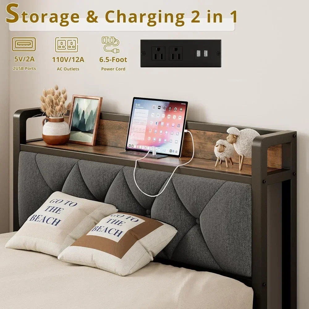Twin XL Size Bed Frame, Storage Headboard with Outlets, Sturdy and Stable, Easy To Install, No Noise, Bed Frame 3