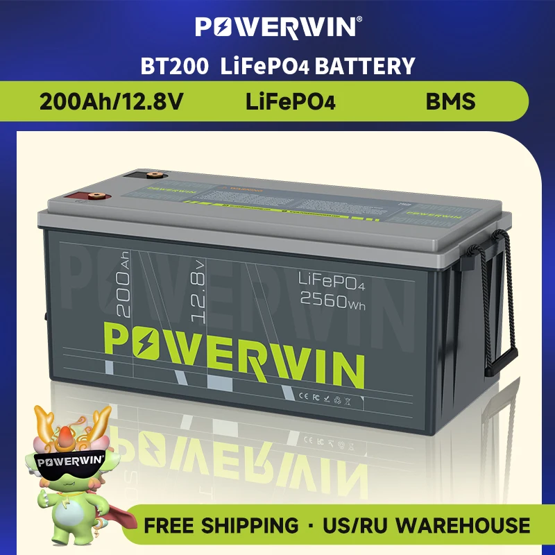 

POWERWIN 12.8V 200Ah GradeA LiFePO4 Battery BT200 2560Wh/1280W Built-in BMS 200A 4000+ Deep Cycle Boat Solar Rechargeable Fish