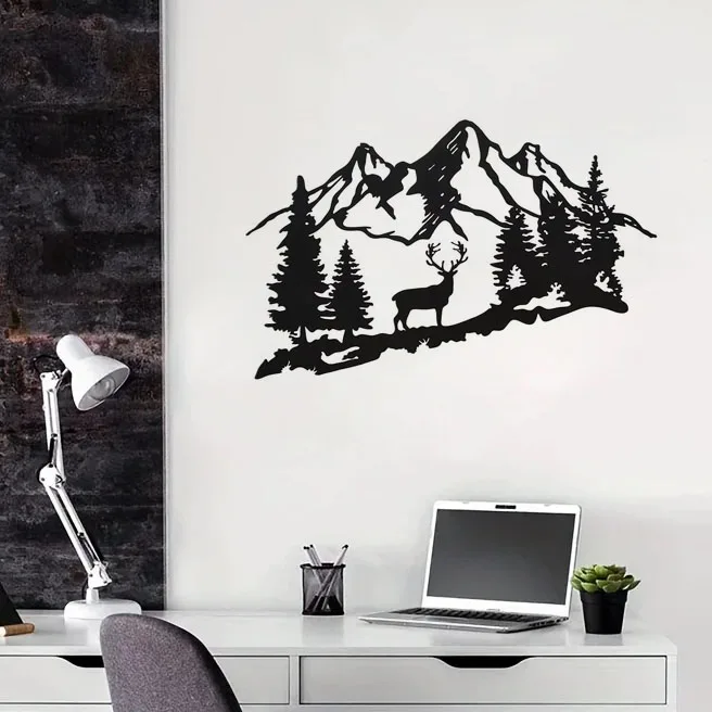 

Crafts 1pc Modern Black Deer & Tree Metal Wall Decor - Stunning Animal Mountain Plaque Signs for Home Decor Iron Art Silhouette