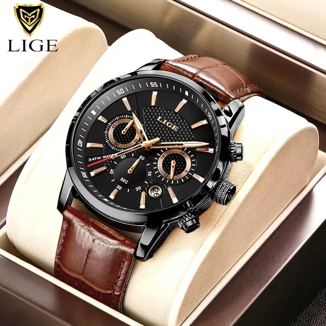 Luxury 2025 Men's Waterproof Leather Quartz Watch - LIGE Collection