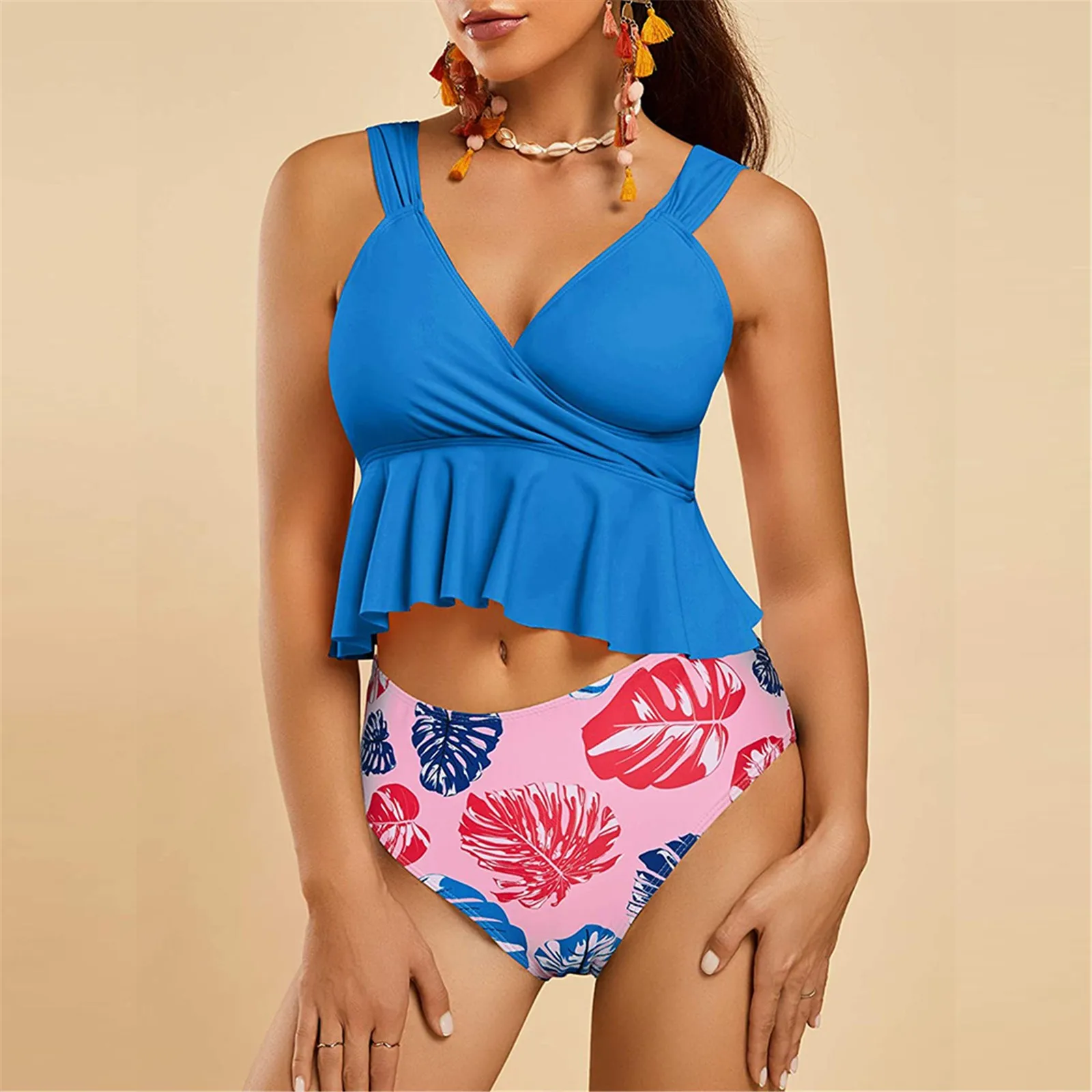 Women V-neck Split High Waist Bikini Ruffle Swimsuit Leaf Print Swimsuit Brazilian Summer Beach Bathing Suit Swim Wear 2pcs Sets cute swimsuits Bikini Sets