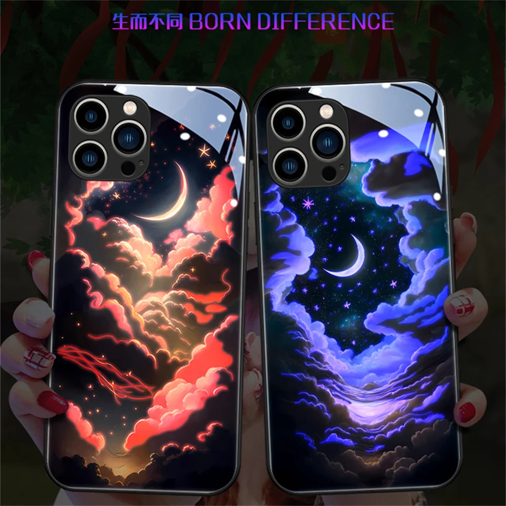 

Cute Clouds Sky LED Light Glow Luminous Tempered Glass Phone Case For iPhone 15 14 13 12 11 Pro Max X XR XS 6 7 8 Plus SE2020
