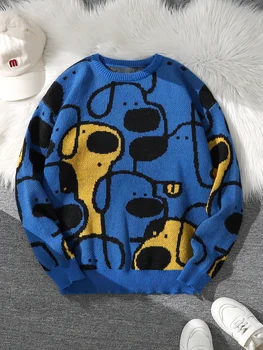 Autumn and Winter Cute Dog Jacquard Double-Sided Pattern Pullover Sweater Casual Crew Neck Knit Men's Pullover Casual Crew Neck