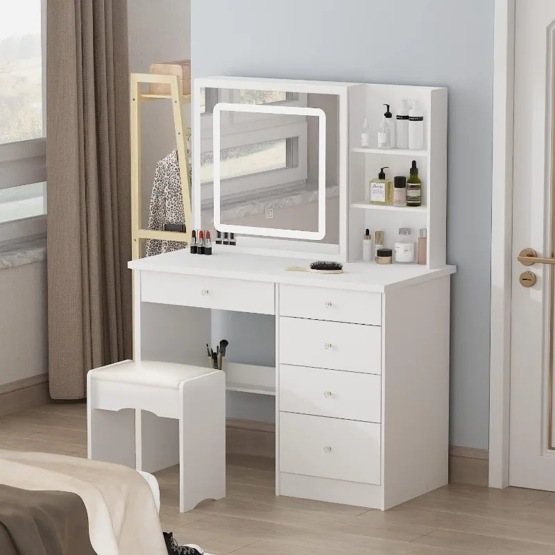 Vanity Desk Set Makeup Table with Large Sliding Lighted Mirror, Dressing Table with 5 Drawers, Storage Shelves & Cushioned Stool