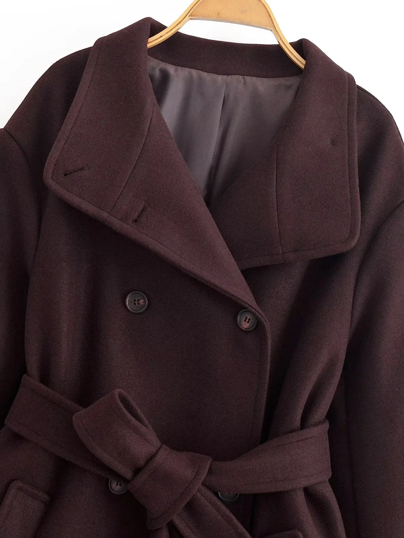 Women Elegant Solid Lace Up Long Woolen Coat Female Stand Collar Double-Breasted Retro Overcoat Lady Autumn Winter Street Outwea